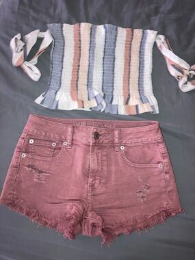 American Eagle Outfitters Mauve Denim Shorts/ocean shirt L fits like a small